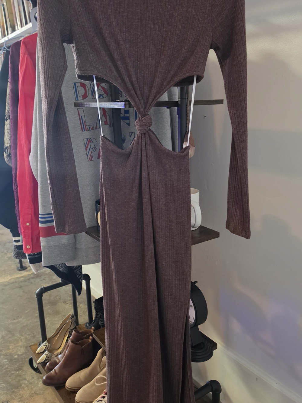 Papermoon Brown Long-Sleeve Knot-Front Midi Dress